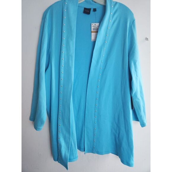 NWT Rafaella Women Aqua Blue w/Silver Studs 100% Cotton Open Cardigan size 3X - Picture 2 of 9